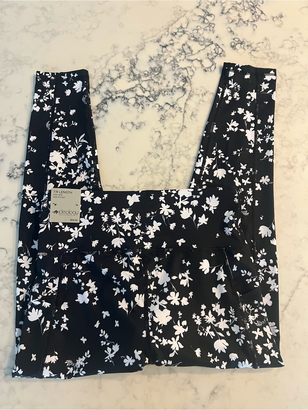 Ideology Women’s Workout Leggings M Pansy Black Floral 7/8 High Rise Pockets NWT